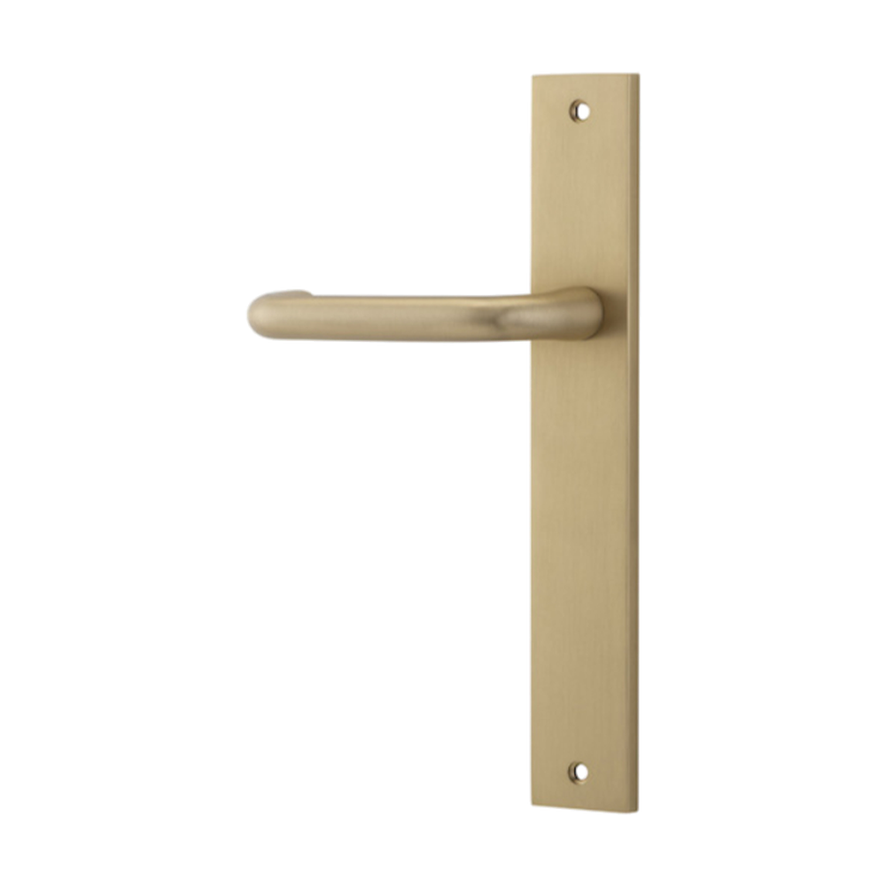 Pair of Iver Oslo Lever handles on rectangular backplates, architectural hardware for doors, with a sleek, modern design.