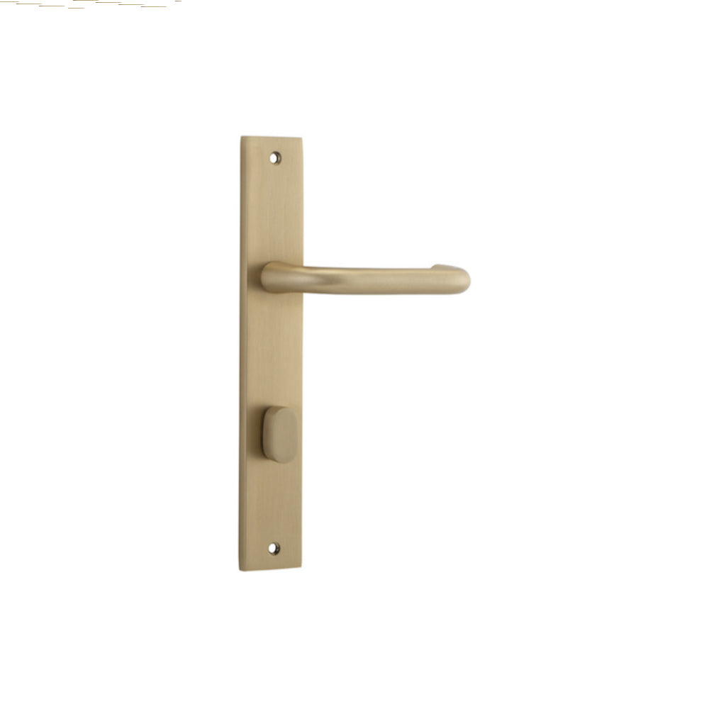 Door Lever Oslo Return Rectangular Privacy Brushed Brass CTC85mm L118xP56mm BPH240xW50mm Privacy Kit, Tube Latch Split Cam 'T' Striker Brushed Brass Backset 60mm, Privacy Bolt Round Bolt Brushed Brass Backset 60mm in Brushed Brass