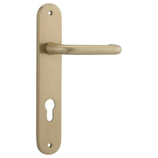 Door Lever Oslo Oval Euro Pair Brushed Brass CTC85mm L120xP54mm BPH240xW38mm Mortice Lock Euro Brushed Brass CTC85mm Backset 60mm, Euro Cylinder Key Thumb 5 Pin Brushed Brass 65mm KA4 in Brushed Brass