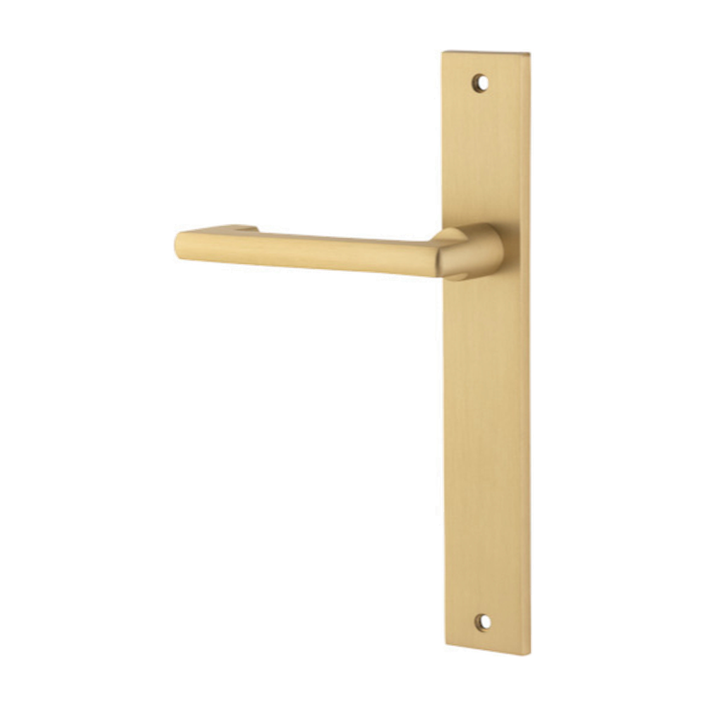 Door Lever Baltimore Return Rectangular Latch Left Hand Fixed Brushed Brass L128xP54mm BPH240xW38mm in Brushed Brass