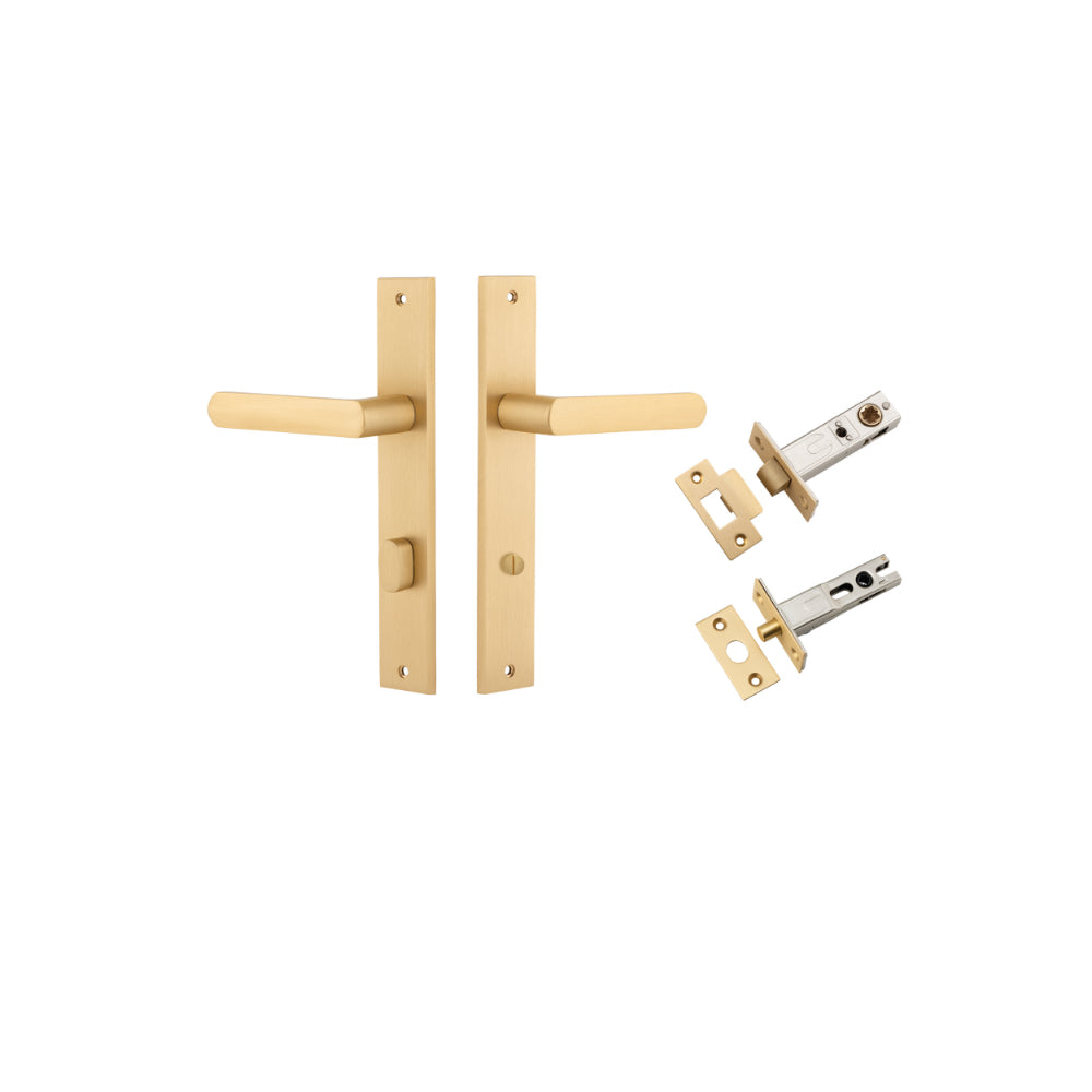 Door Lever Osaka Rectangular Privacy Pair Brushed Brass CTC85mm H240xW38xP55mm Privacy Kit, Tube Latch Split Cam 'T' Striker Brushed Brass Backset 60mm, Privacy Bolt Round Bolt Brushed Brass Backset 60mm in Brushed Brass