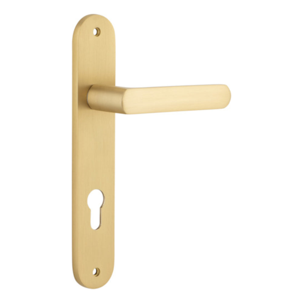 Door Lever Osaka Oval Euro Pair Brushed Brass CTC85mm H240xW40xP55mm in Brushed Brass