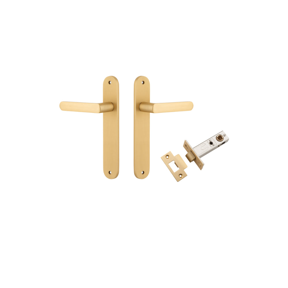 Door Lever Osaka Oval Latch Pair Brushed Brass H240xW40xP55mm Passage Kit Tube Latch Split Cam 'T' Striker Brushed Brass Backset 60mm in Brushed Brass