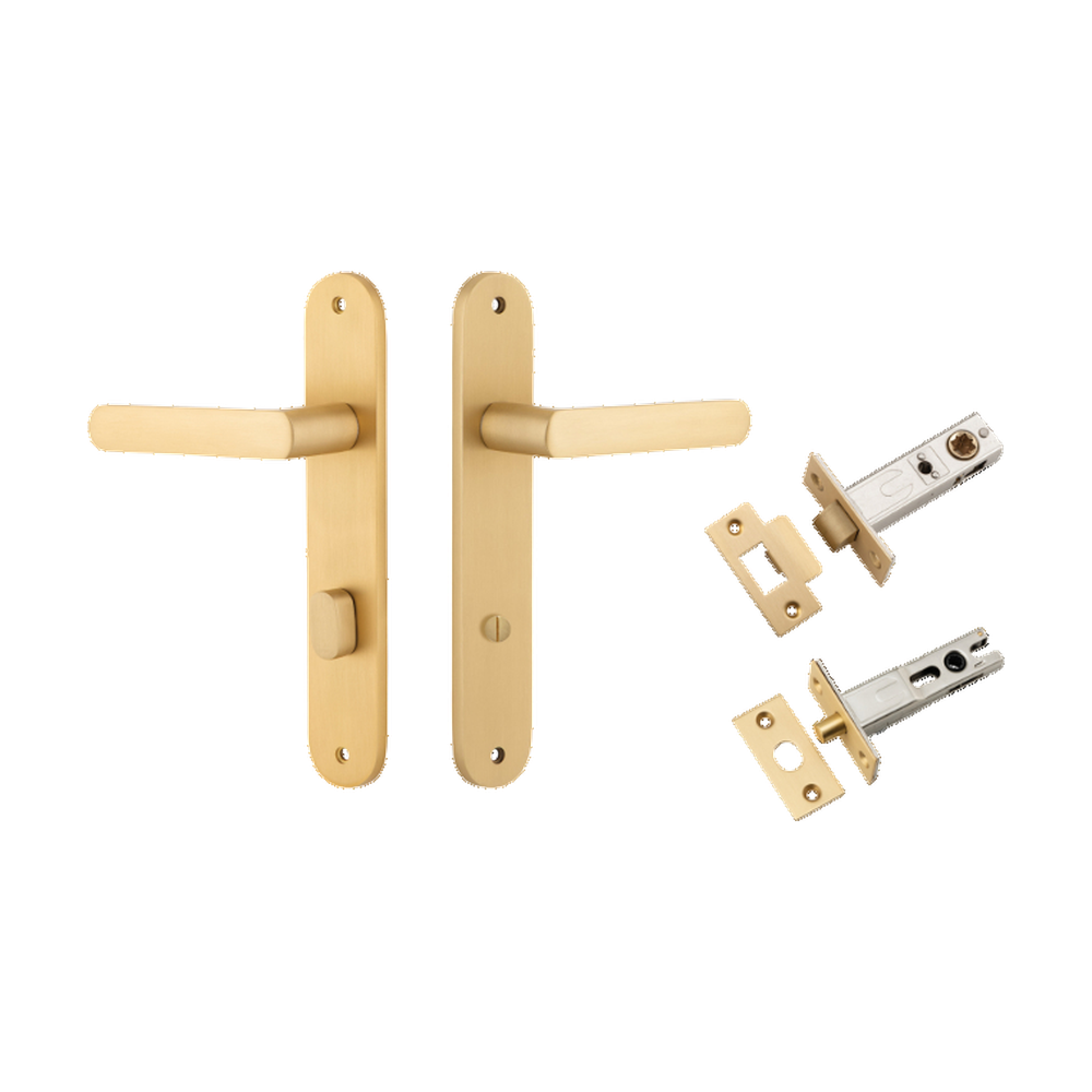 Door Lever Osaka Oval Privacy Pair Brushed Brass CTC85mm H240xW40xP55mm Privacy Kit Tube Latch Split Cam 'T' Striker Brushed Brass Backset 60mm, Privacy Bolt Round Bolt Brushed Brass Backset 60mm in Brushed Brass