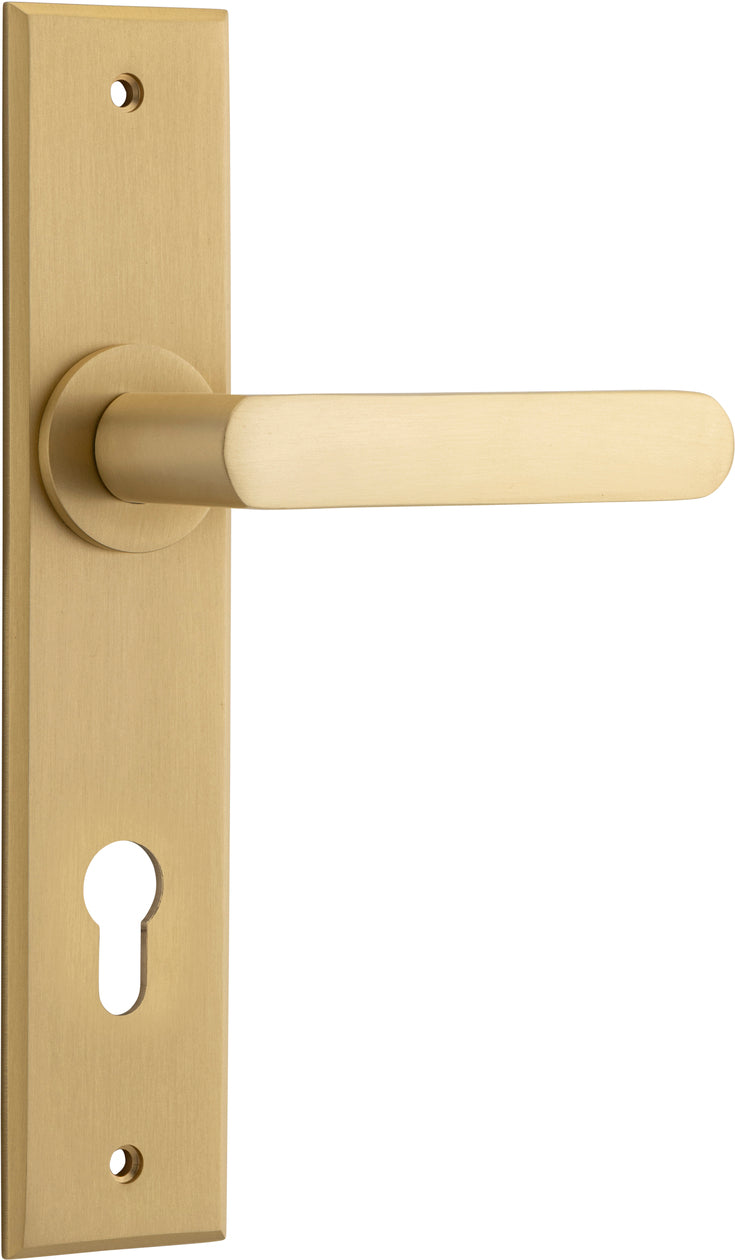 Door Lever Osaka Chamfered Euro Pair Brushed Brass CTC85mm H240xW50xP55mm in Brushed Brass