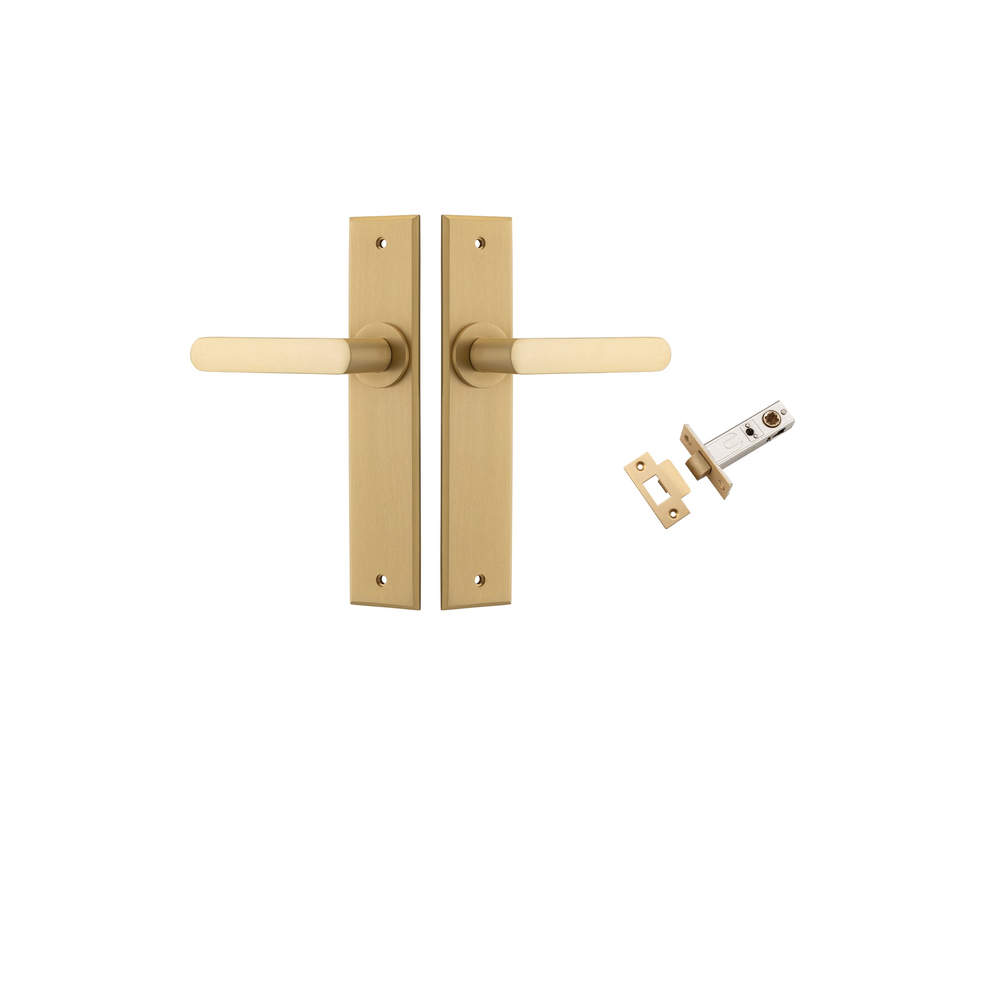 Door Lever Osaka Chamfered Brushed Brass L120xP54mm BPH240xW50mm Passage Kit Tube Latch Split Cam 'T' Striker Brushed Brass Backset 60mm in Brushed Brass