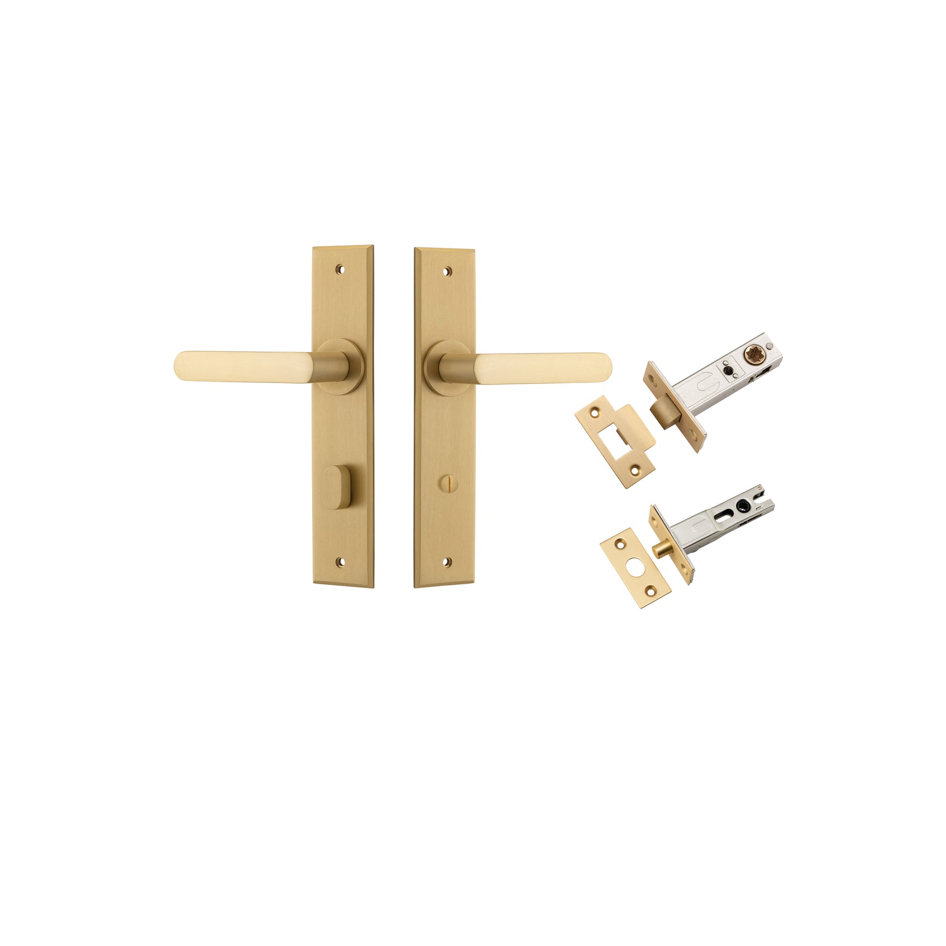 Door Lever Osaka Chamfered Privacy Brushed Brass CTC85mm L120xP54mm BPH240xW50mm Privacy Kit Tube Latch Split Cam 'T' Striker Brushed Brass Backset 60mm, Privacy Bolt Round Bolt Brushed Brass Backset 60mm in Brushed Brass
