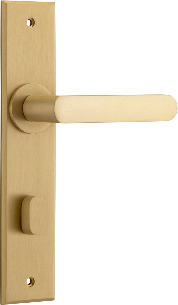 Door Lever Osaka Chamfered Privacy Pair Brushed Brass CTC85mm H240xW50xP55mm in Brushed Brass