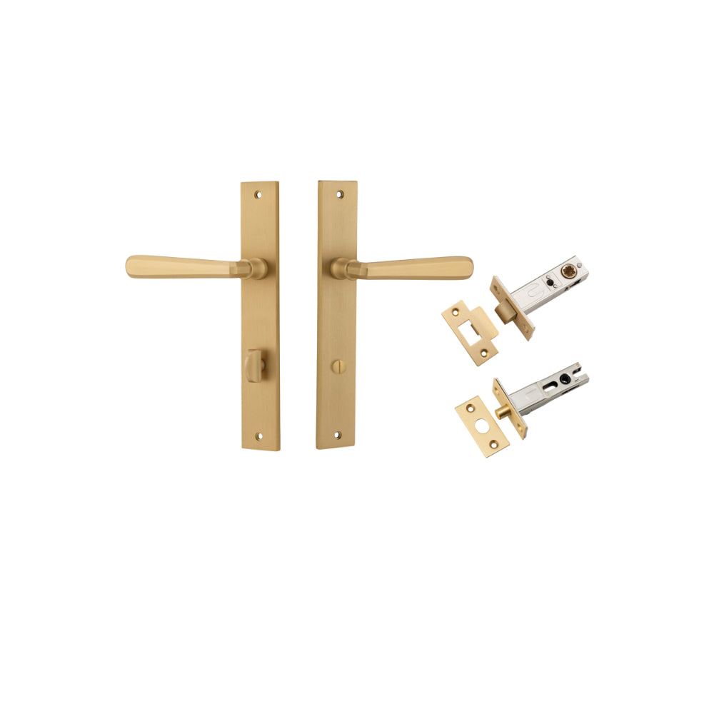 Door Lever Copenhagen Rectangular Privacy Pair Brushed Brass CTC85mm H240xW38xP61mm Inbuilt Privacy Kit, Tube Latch Split Cam 'T' Striker Brushed Brass Backset 60mm, Privacy Bolt Round Bolt Brushed Brass Backset 60mm in Brushed Brass