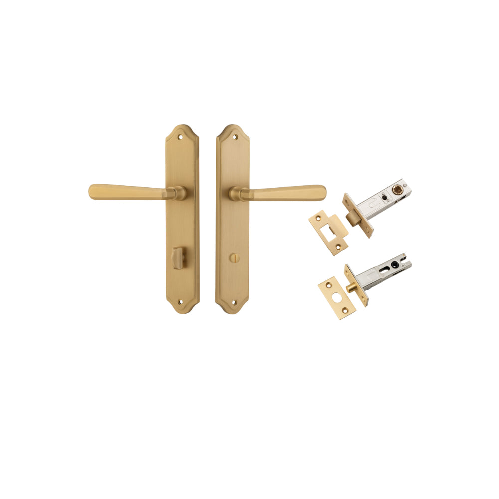 Door Lever Copenhagen Shouldered Privacy Pair Brushed Brass CTC85mm H250xW48xP61mm Inbuilt Privacy Kit Tube Latch Split Cam 'T' Striker Brushed Brass Backset 60mm, Privacy Bolt Round Bolt Brushed Brass Backset 60mm in Brushed Brass