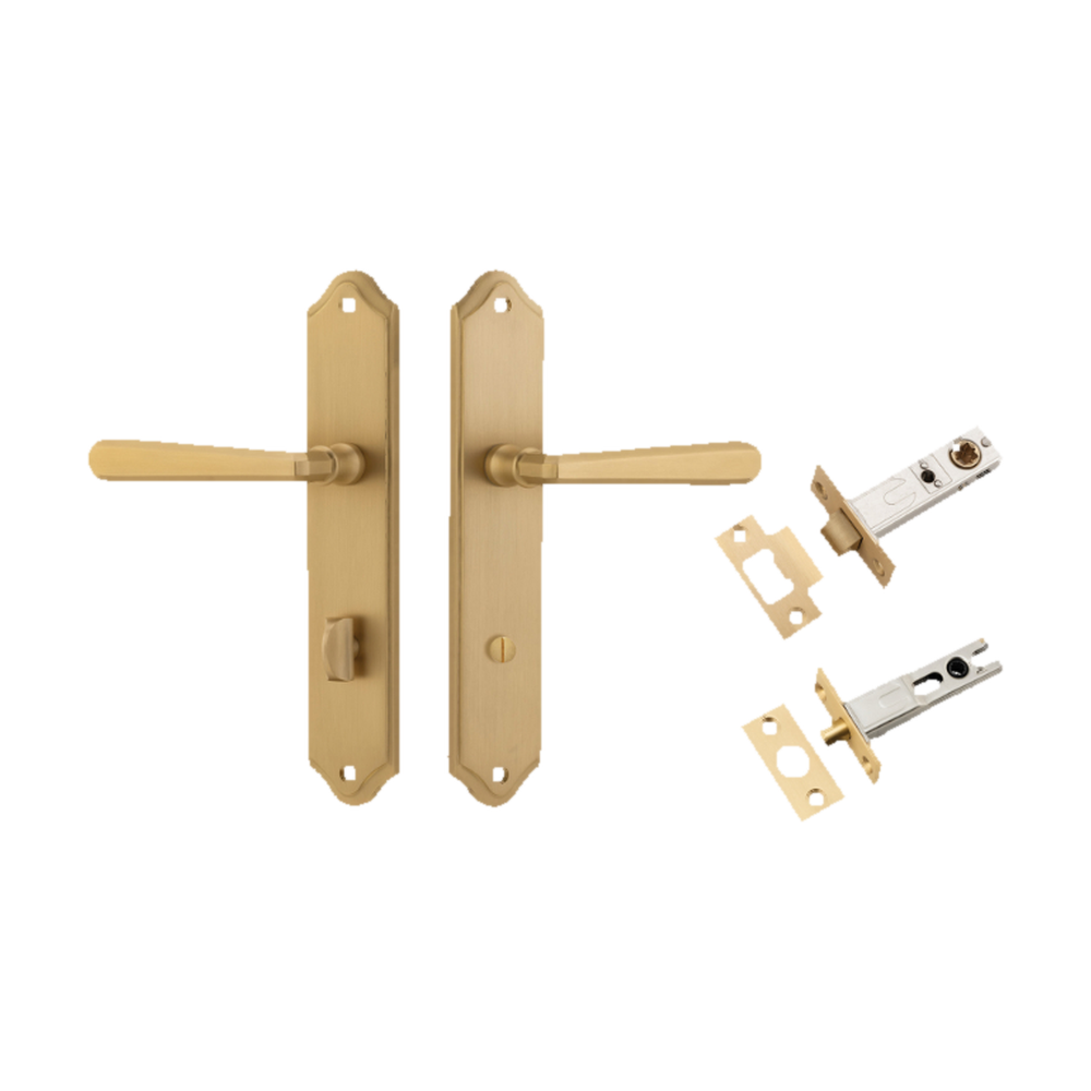 Door Lever Copenhagen Shouldered Privacy Pair Brushed Brass CTC85mm H250xW48xP61mm Inbuilt Privacy Kit Tube Latch Split Cam 'T' Striker Brushed Brass Backset 60mm, Privacy Bolt Round Bolt Brushed Brass Backset 60mm in Brushed Brass