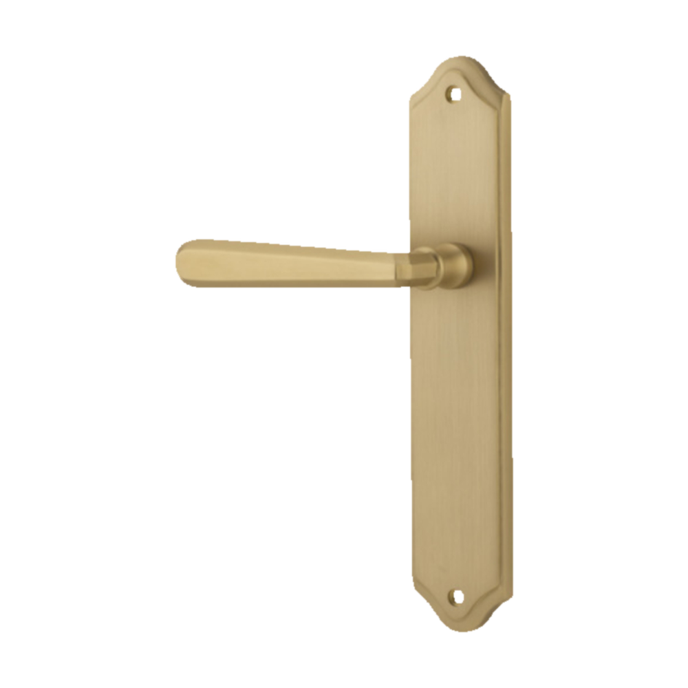 Door Lever Copenhagen Shouldered Latch Left Hand Fixed Brushed Brass L120xP59mm BPH250xW48mm in Brushed Brass