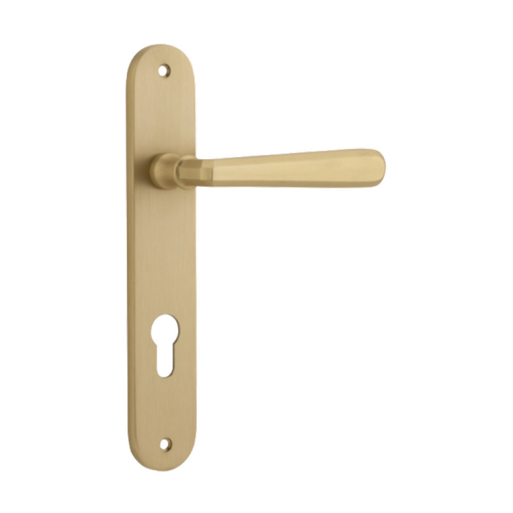 Door Lever Copenhagen Oval Euro Pair Brushed Brass CTC85mm H240xW40xP61mm in Brushed Brass