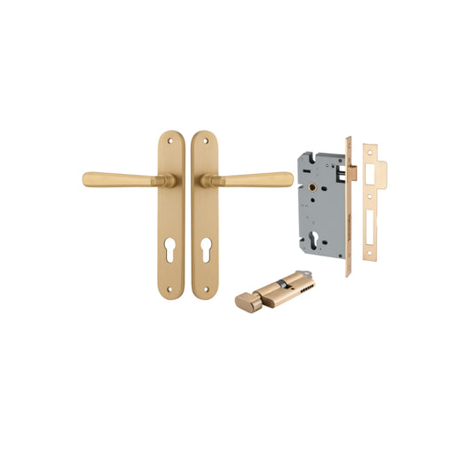 Door Lever Copenhagen Oval Euro Pair Brushed Brass CTC85mm H240xW40xP61mm Entrance Kit Mortice Lock Euro Brushed Brass CTC85mm Backset 60mm, Euro Cylinder Key Thumb 6 Pin Brushed Brass L70mm  
 KA1 in Brushed Brass