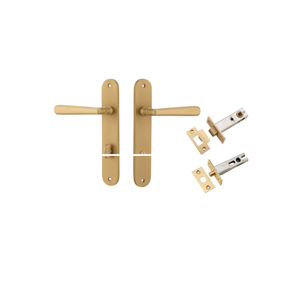 Door Lever Copenhagen Oval Privacy Pair Brushed Brass CTC85mm H240xW40xP61mm Inbuilt Privacy Kit Tube Latch Split Cam 'T' Striker Brushed Brass Backset 60mm, Privacy Bolt Round Bolt Brushed Brass Backset 60mm in Brushed Brass