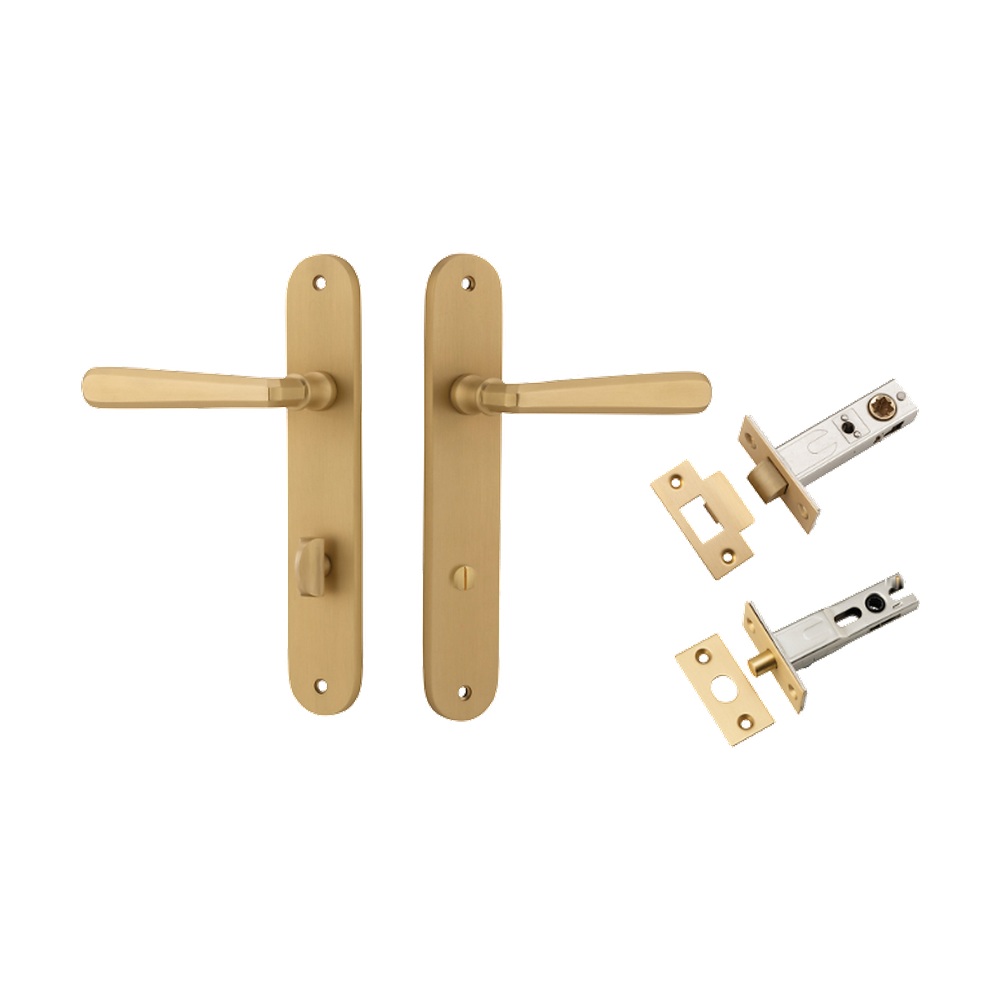 Door Lever Copenhagen Oval Privacy Pair Brushed Brass CTC85mm H240xW40xP61mm Inbuilt Privacy Kit Tube Latch Split Cam 'T' Striker Brushed Brass Backset 60mm, Privacy Bolt Round Bolt Brushed Brass Backset 60mm in Brushed Brass