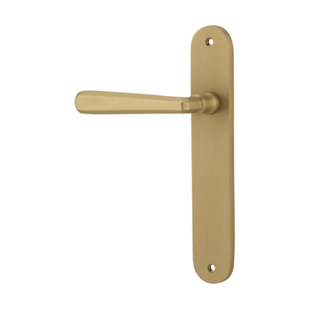 Door Lever Copenhagen Oval Latch Left Hand Fixed Brushed Brass L120xP57mm BPH240xW40mm in Brushed Brass