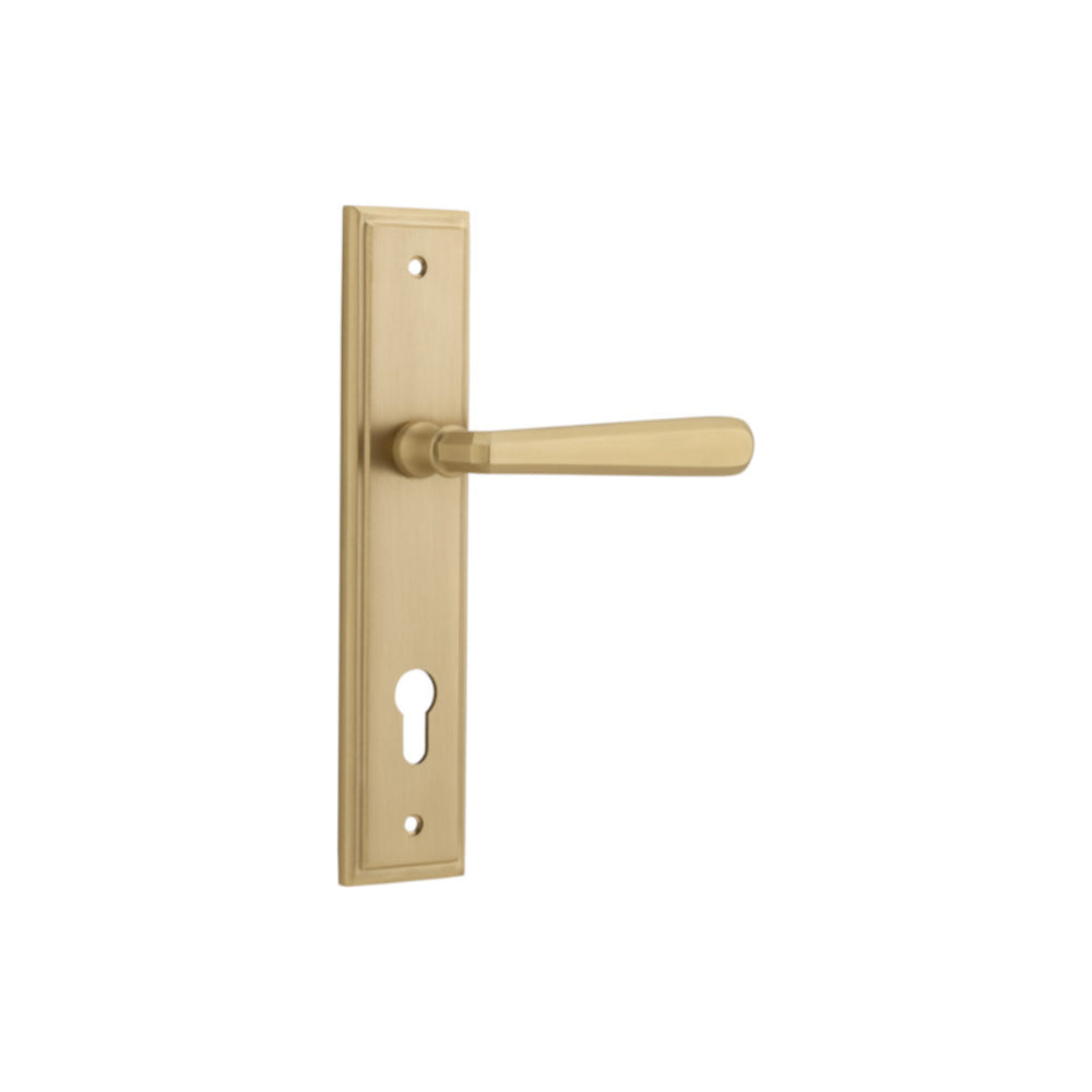 Door Lever Copenhagen Stepped Euro Pair Brushed Brass CTC85mm H237xW50xP61mm in Brushed Brass