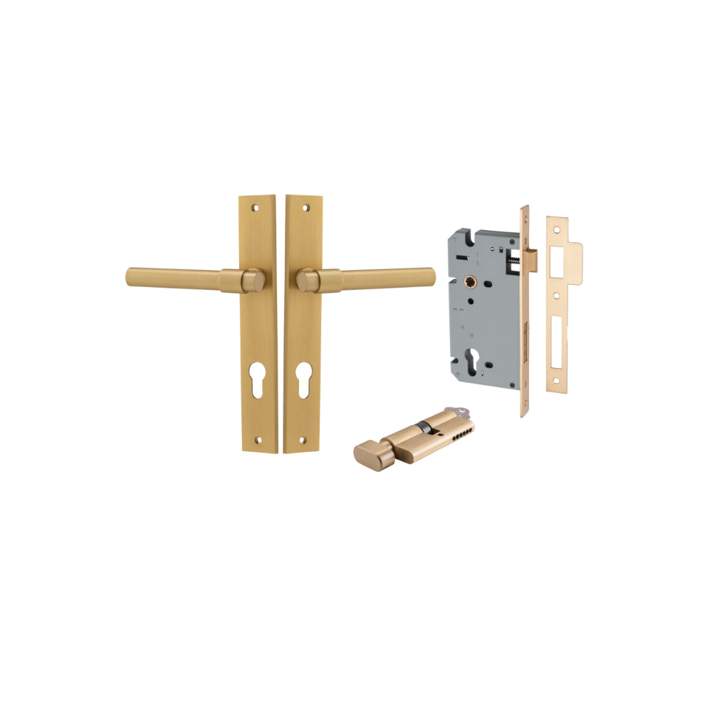 Door Lever Helsinki Rectangular Euro Pair Brushed Brass CTC85mm H240xW38xP44mm Entrance Kit, Mortice Lock Euro Brushed Brass CTC85mm Backset 60mm, Euro Cylinder Key Thumb 6 Pin Brushed Brass L70mm KA1 in Brushed Brass