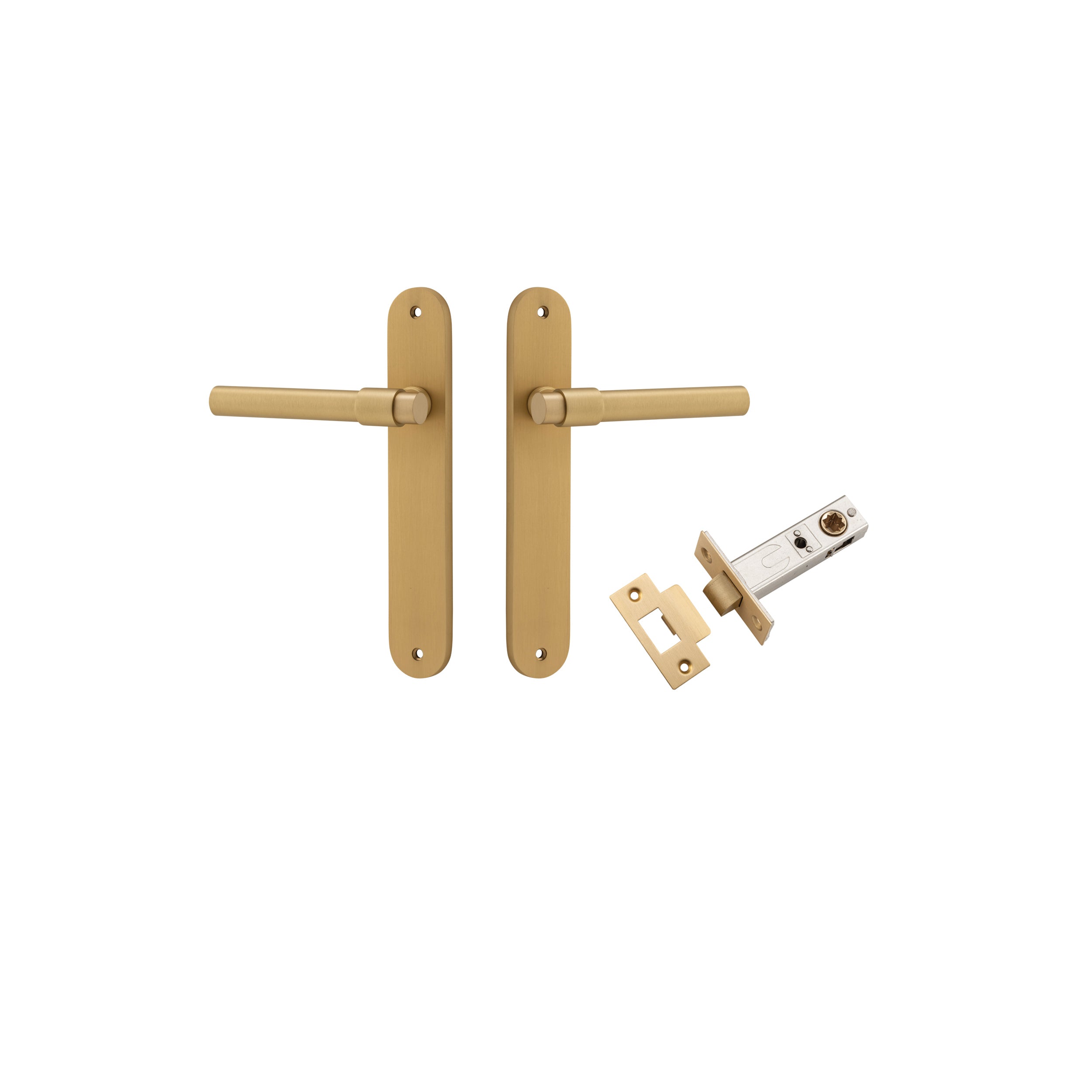 Door Lever Helsinki Oval Latch Pair Brushed Brass H240xW40xP44mm Passage Kit Tube Latch Split Cam 'T' Striker Brushed Brass Backset 60mm in Brushed Brass