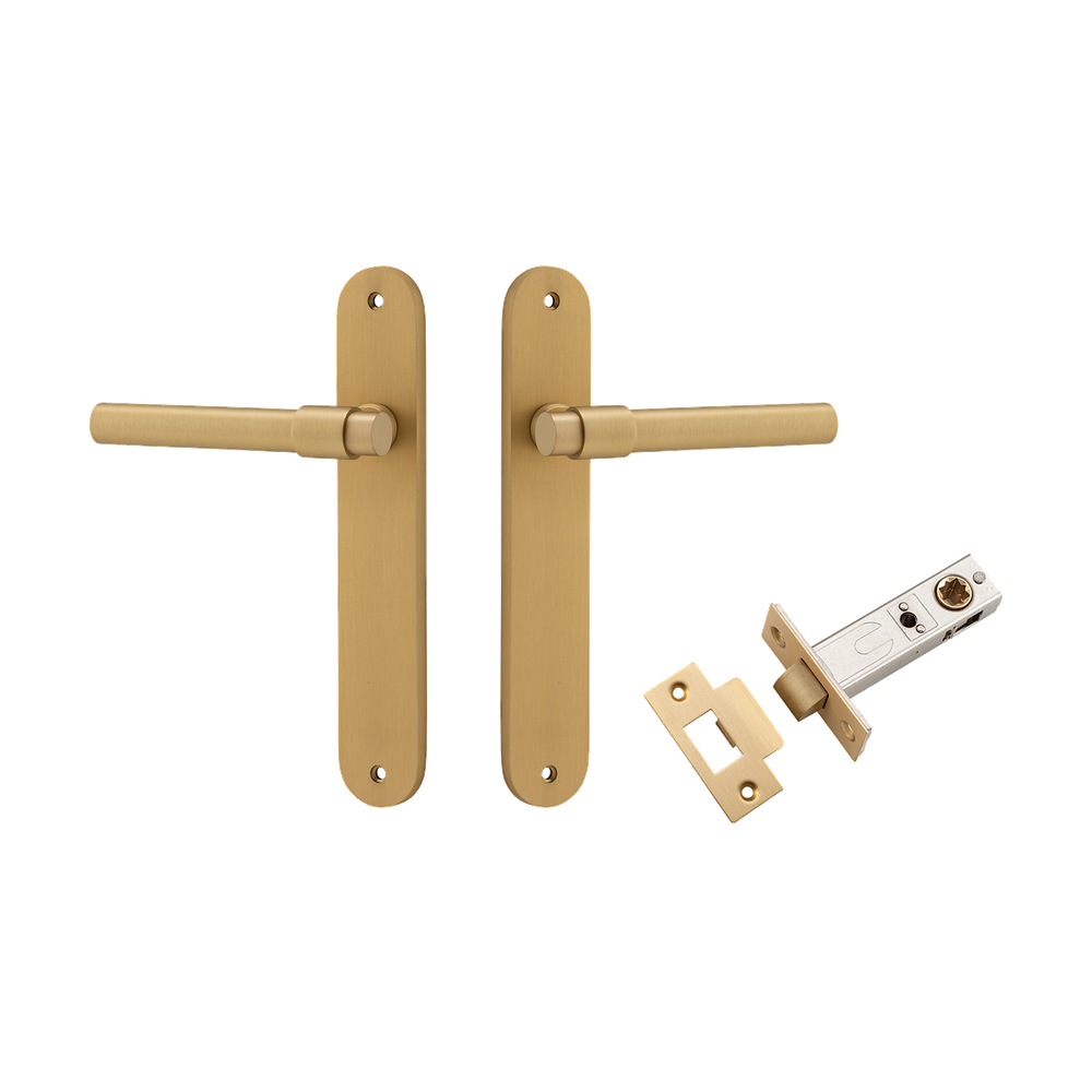 Door Lever Helsinki Oval Latch Pair Brushed Brass H240xW40xP44mm Passage Kit Tube Latch Split Cam 'T' Striker Brushed Brass Backset 60mm in Brushed Brass