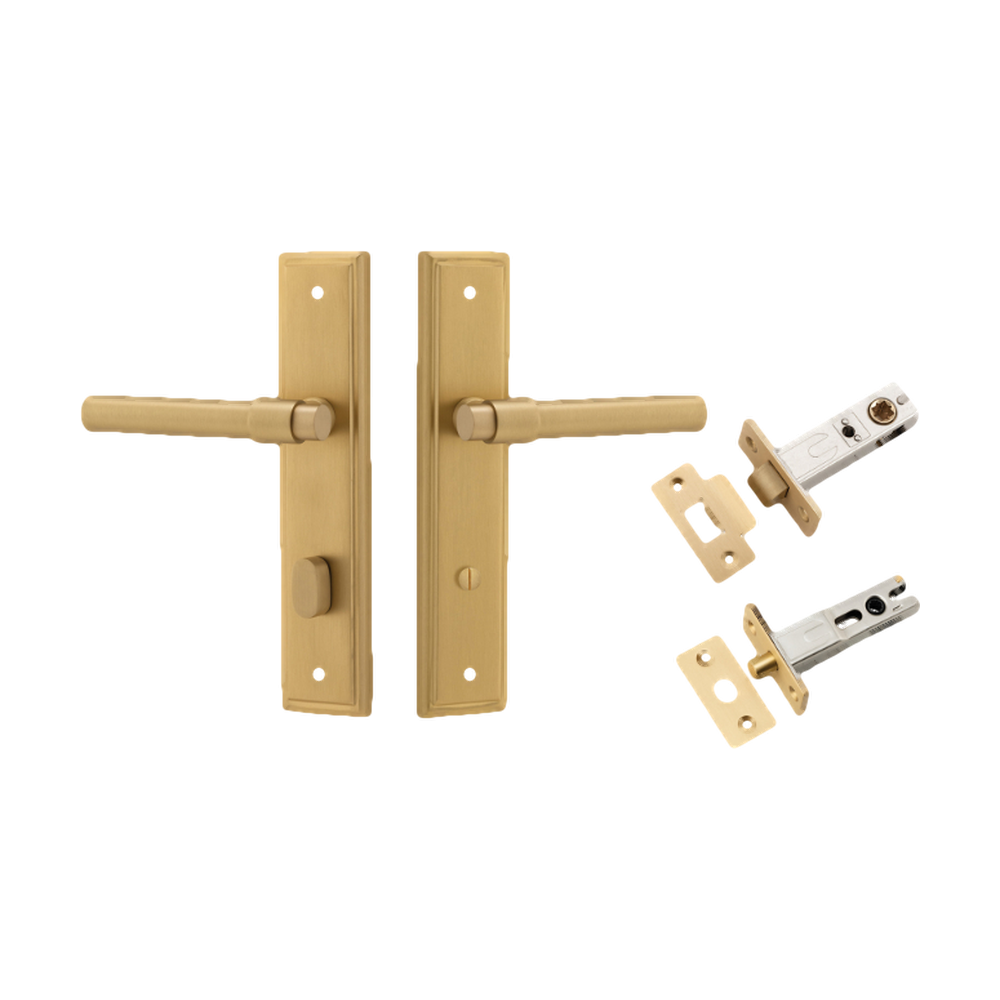 Door Lever Helsinki Stepped Privacy Pair Brushed Brass CTC85mm H237xW50xP44mm Inbuilt Privacy Kit, Tube Latch Split Cam 'T' Striker Brushed Brass Backset 60mm, Privacy Bolt Round Bolt Brushed Brass Backset 60mm in Brushed Brass