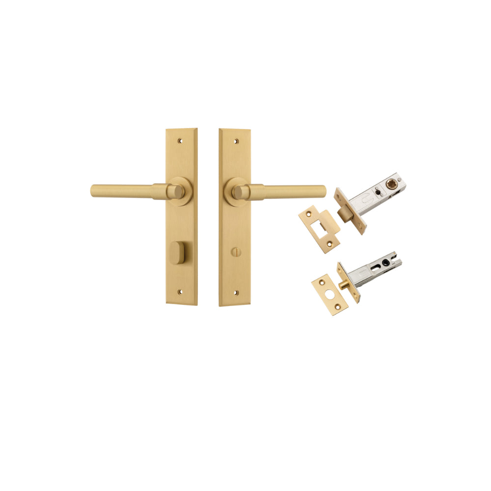 Door Lever Helsinki Chamfered Privacy Brushed Brass CTC85mm L137xP60mm BPH240xW50mm Privacy Kit Tube Latch Split Cam 'T' Striker Brushed Brass Backset 60mm, Privacy Bolt Round Bolt Brushed Brass Backset 60mm in Brushed Brass