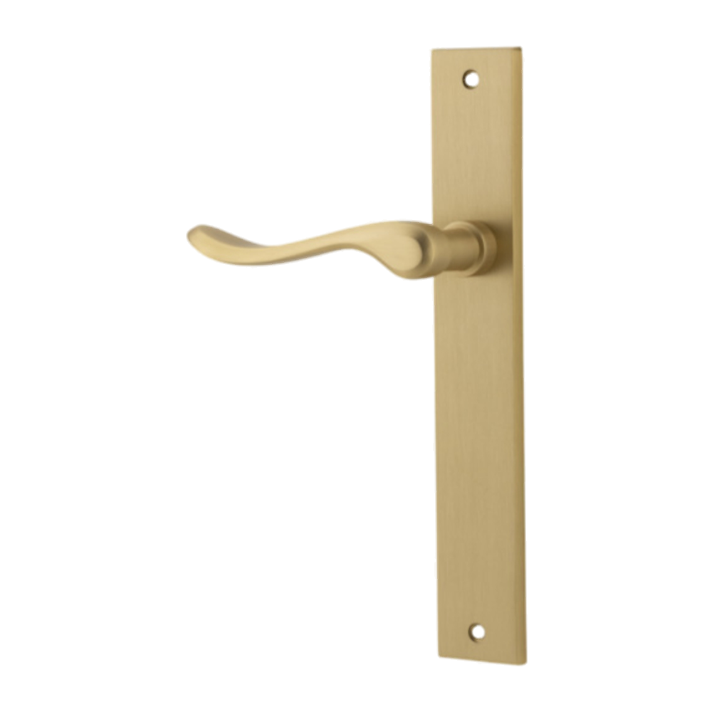 Door Lever Stirling Rectangular Latch Left Hand Fixed Brushed Brass L116xP62mm BPH240xW38mm in Brushed Brass