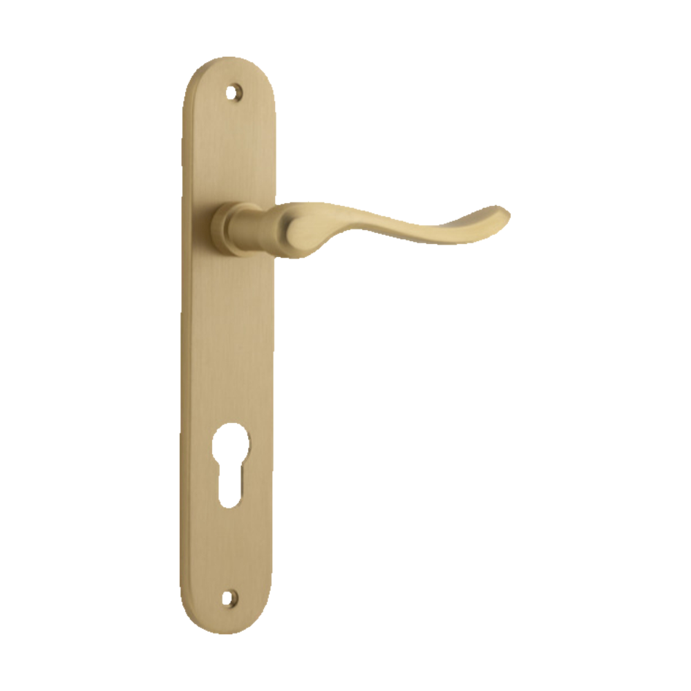Door Lever Stirling Oval Euro Pair Brushed Brass CTC85mm H240xW40xP64mm in Brushed Brass