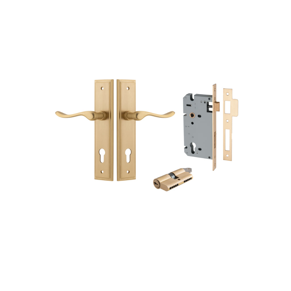 Door Lever Stirling Stepped Euro Pair Brushed Brass CTC85mm H237xW50xP64mm Entrance Kit, Mortice Lock Euro Brushed Brass CTC85mm Backset 60mm, Euro Cylinder Dual Function 5 Pin Brushed Brass L65mm KA1 in Brushed Brass