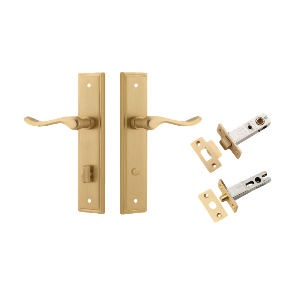 Door Lever Stirling Stepped Privacy Pair Brushed Brass CTC85mm H237xW50xP64mm Privacy Kit, Tube Latch Split Cam 'T' Striker Brushed Brass Backset 60mm, Privacy Bolt Round Bolt Brushed Brass Backset 60mm in Brushed Brass