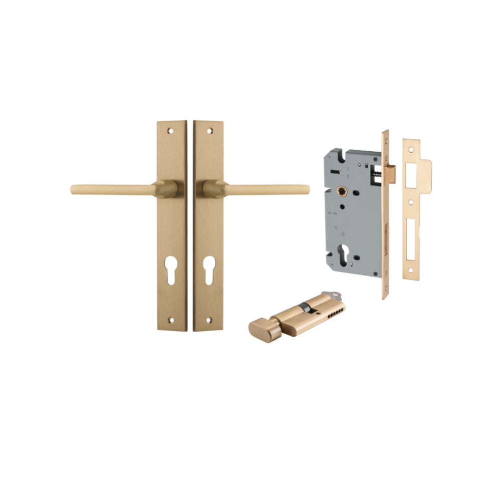 Door Lever Baltimore Rectangular Euro Brushed Brass CTC85mm H240xW38xP55mm Entrance Kit, Mortice Lock Euro Brushed Brass CTC85mm Backset 60mm, Euro Cylinder Key Thumb 6 Pin Brushed Brass L70mm KA1 in Brushed Brass