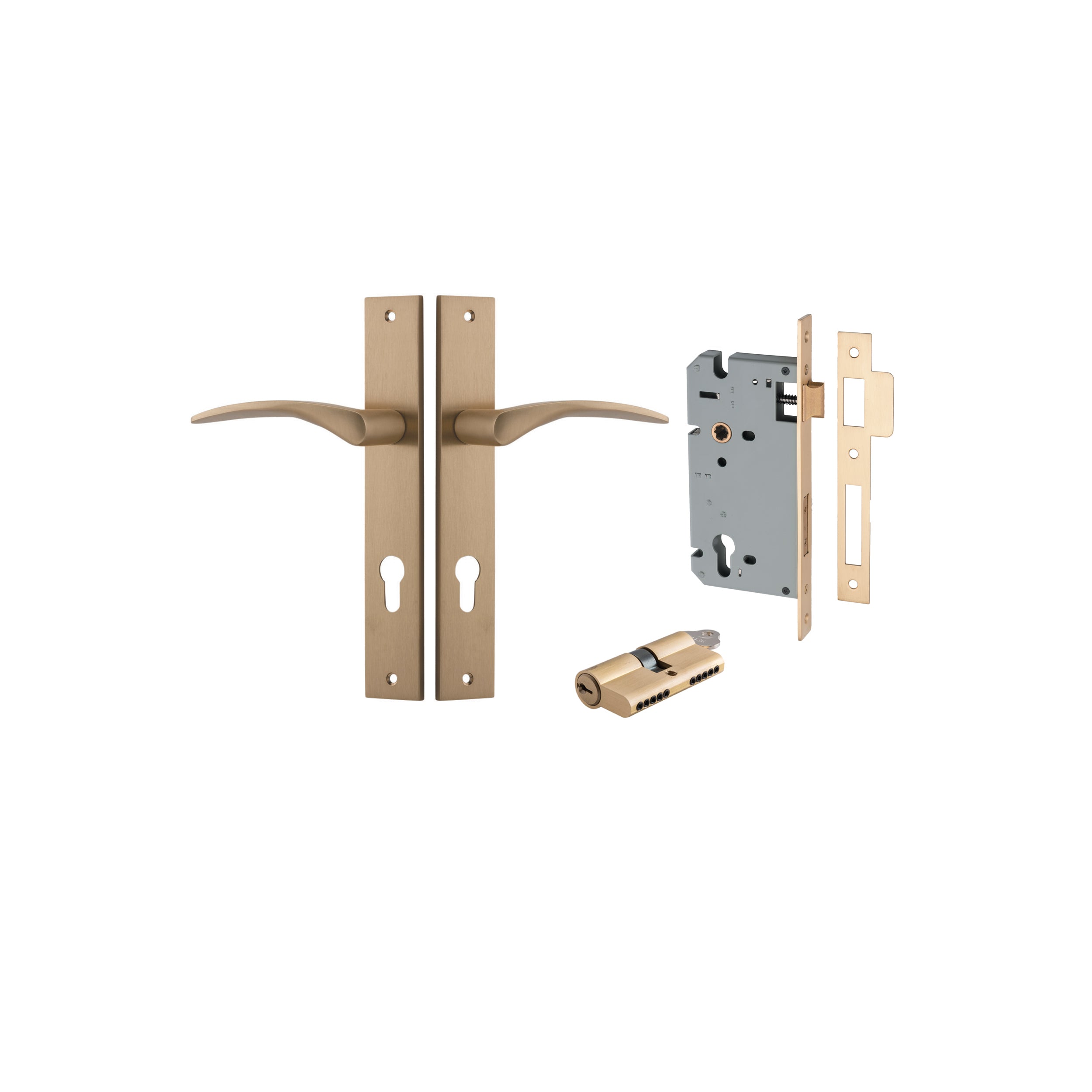 Door Lever Oxford Rectangular Euro Brushed Brass CTC85mm H240xW38xP60mm Entrance Kit, Mortice Lock Euro Brushed Brass CTC85mm Backset 60mm, Euro Cylinder Dual Function 5 Pin Brushed Brass L65mm KA1 in Brushed Brass