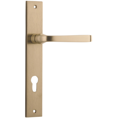 Pair of Iver Annecy lever door handles on rectangular backplates, with polished metal finish, designed for interior doors.