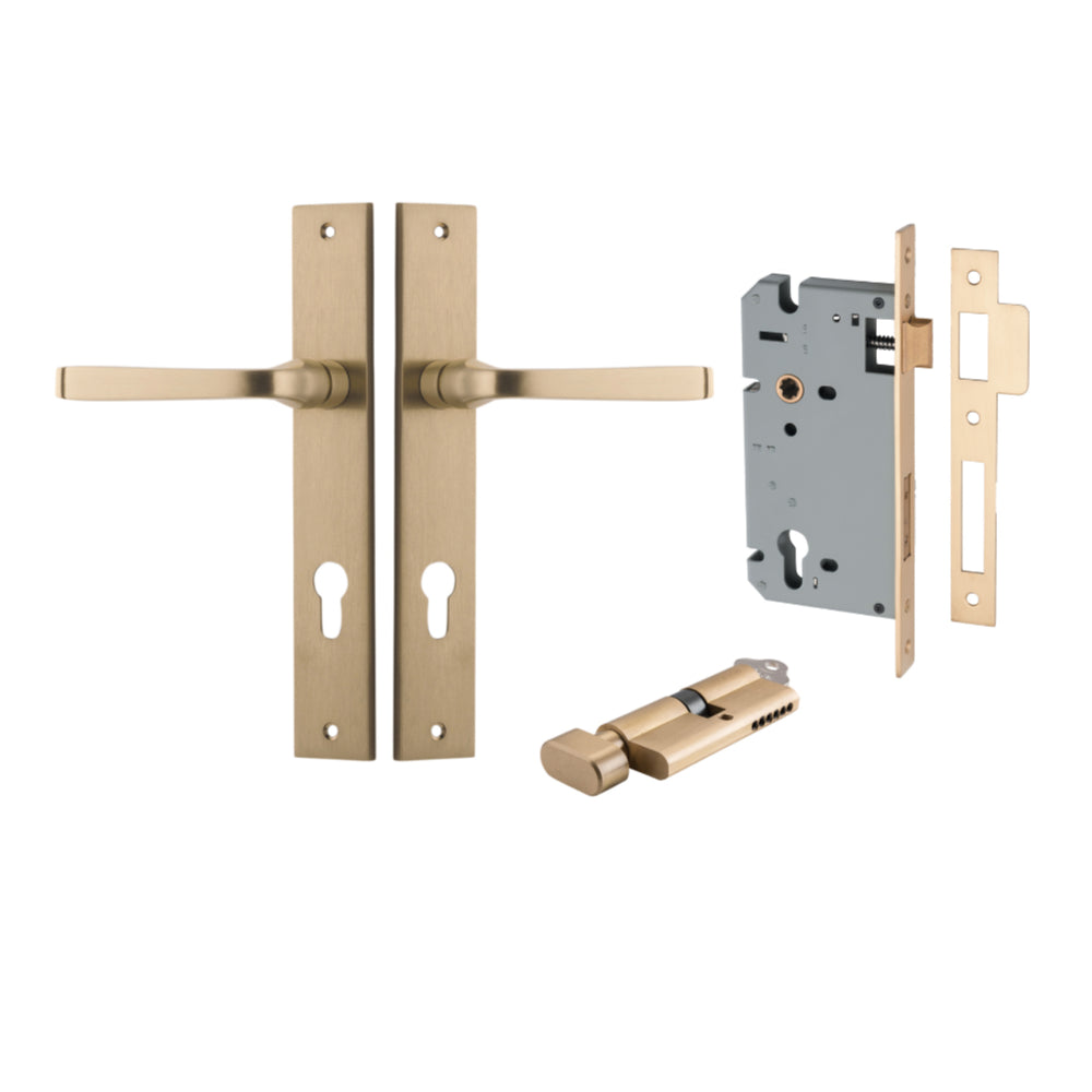 Door Lever Annecy Rectangular Euro Brushed Brass CTC85mm H240xW38xP65mm Entrance Kit, Mortice Lock Euro Brushed Brass CTC85mm Backset 60mm, Euro Cylinder Key Thumb 6 Pin Brushed Brass L70mm KA1 in Brushed Brass