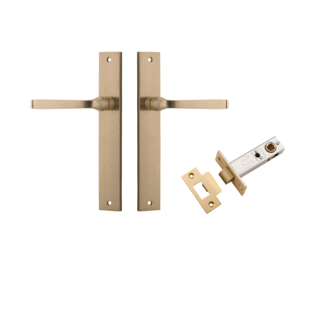 Door Lever Annecy Rectangular Latch Brushed Brass H240xW38xP65mm Passage Kit, Tube Latch Split Cam 'T' Striker Brushed Brass Backset 60mm in Brushed Brass