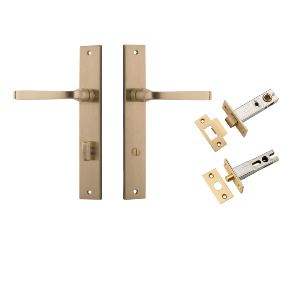 Pair of Iver Annecy lever door handles on rectangular backplates, featuring sleek, modern design in a polished finish.