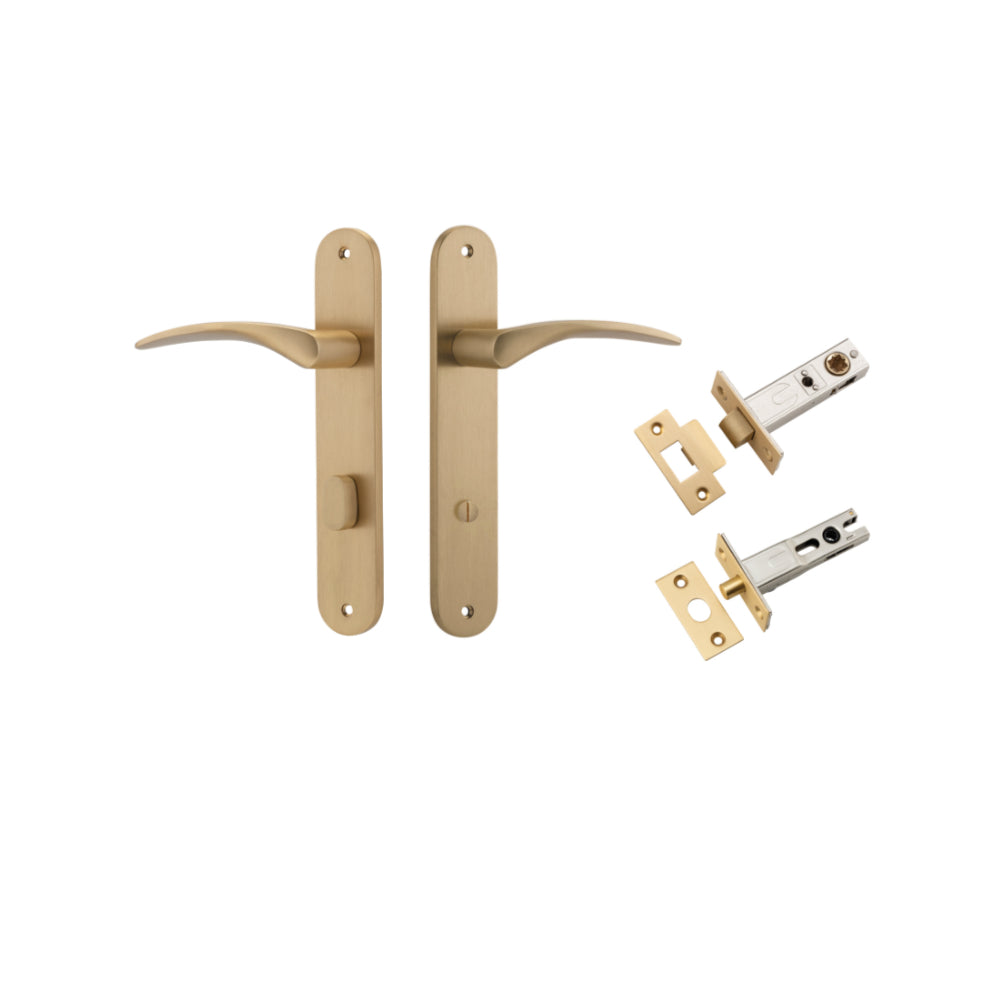 Door Lever Oxford Oval Privacy Brushed Brass CTC85mm H237xW40xP60mm Privacy Kit Tube Latch Split Cam 'T' Striker Brushed Brass Backset 60mm, Privacy Bolt Round Bolt Brushed Brass Backset 60mm in Brushed Brass