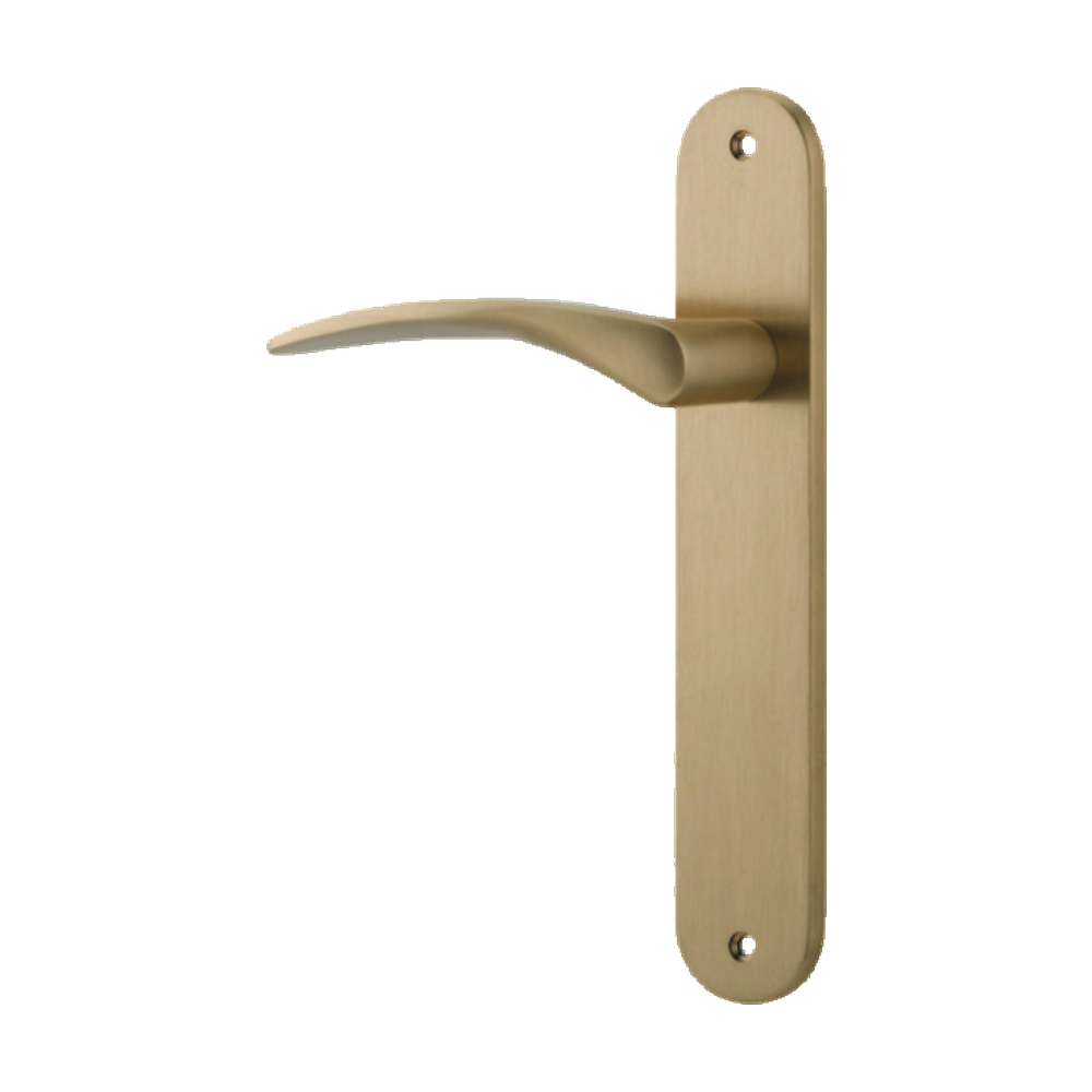 Door Lever Oxford Oval Latch Left Hand Fixed Brushed Brass L125xP60mm BPH240xW40mm in Brushed Brass