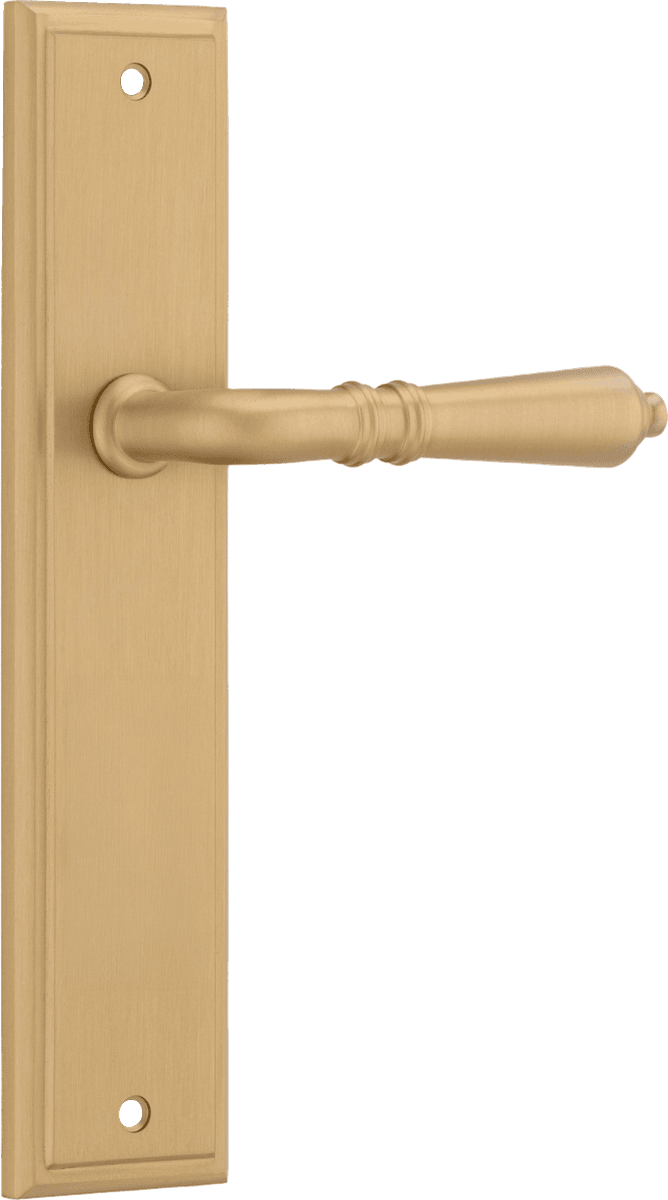 Pair of Iver Sarlat lever door handles on stepped backplate, featuring a modern metal design for stylish entryway decor.