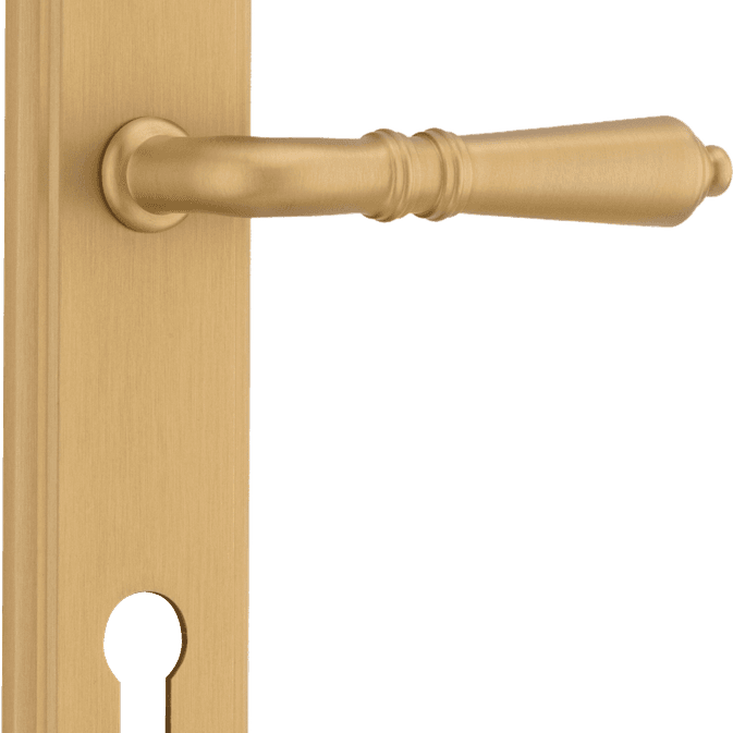 Pair of Iver Sarlat lever handles on stepped backplates with a polished brass finish, designed for classic interior doors.