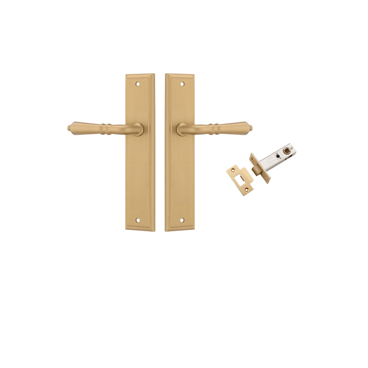 Pair of Iver Sarlat lever handles on stepped backplates, featuring elegant design and polished finish for stylish door hardware.