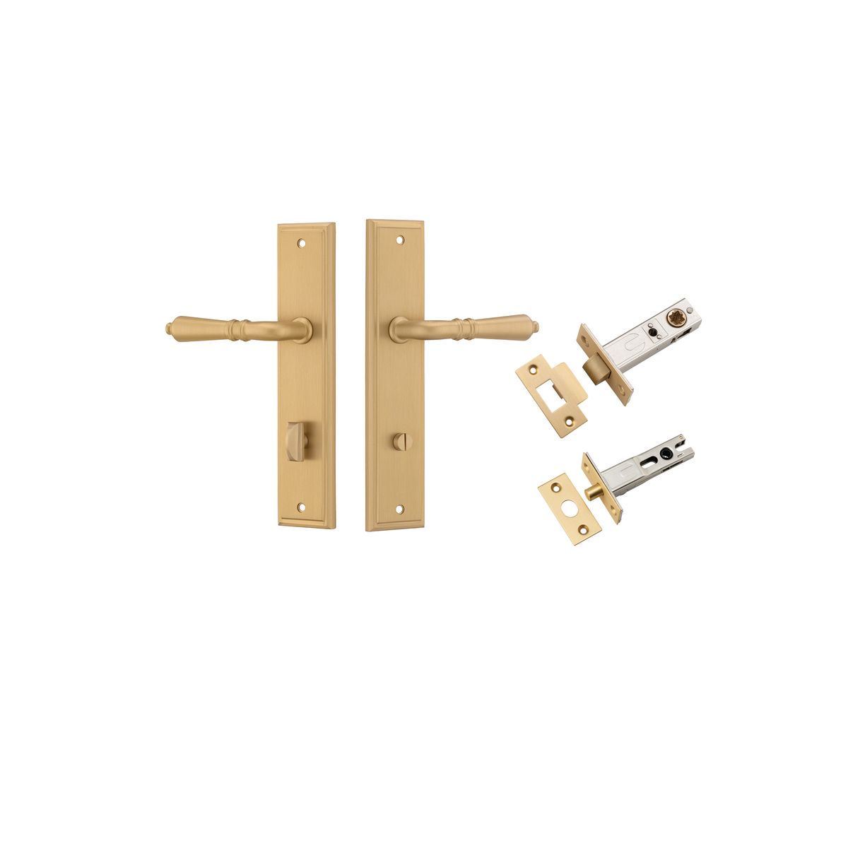 Pair of Iver Sarlat lever handles with stepped backplate, showcasing elegant brass finish and detailed design for interior doors.