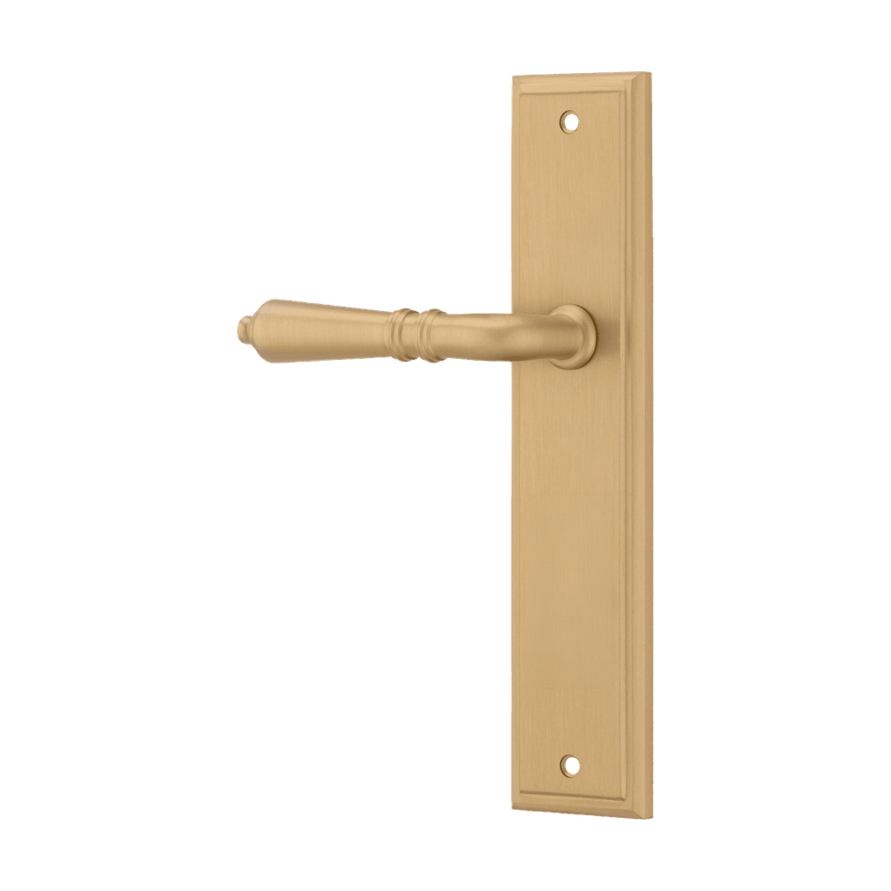 Door Lever Sarlat Stepped Latch Left Hand Fixed Brushed Brass L111xP56mm BPH237xW50mm in Brushed Brass