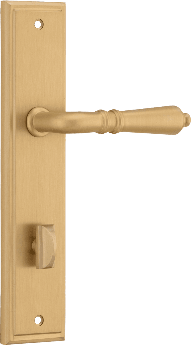 Pair of Iver Sarlat lever handles on stepped backplates, showcasing elegant door hardware with a polished finish.