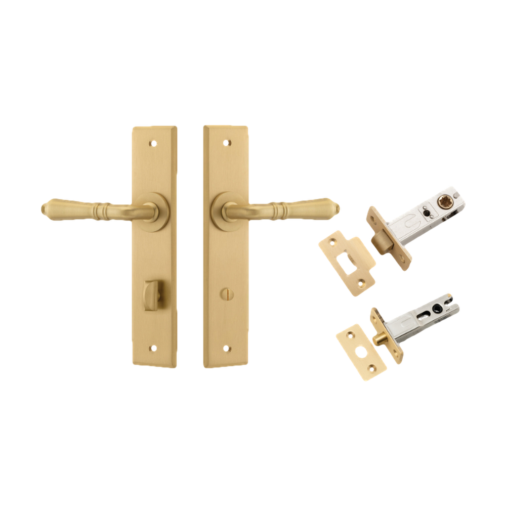 Door Lever Sarlat Chamfered Privacy Brushed Brass CTC85mm L111xP55mm BPH240xW50mm Privacy Kit Tube Latch Split Cam 'T' Striker Brushed Brass Backset 60mm, Privacy Bolt Round Bolt Brushed Brass Backset 60mm in Brushed Brass