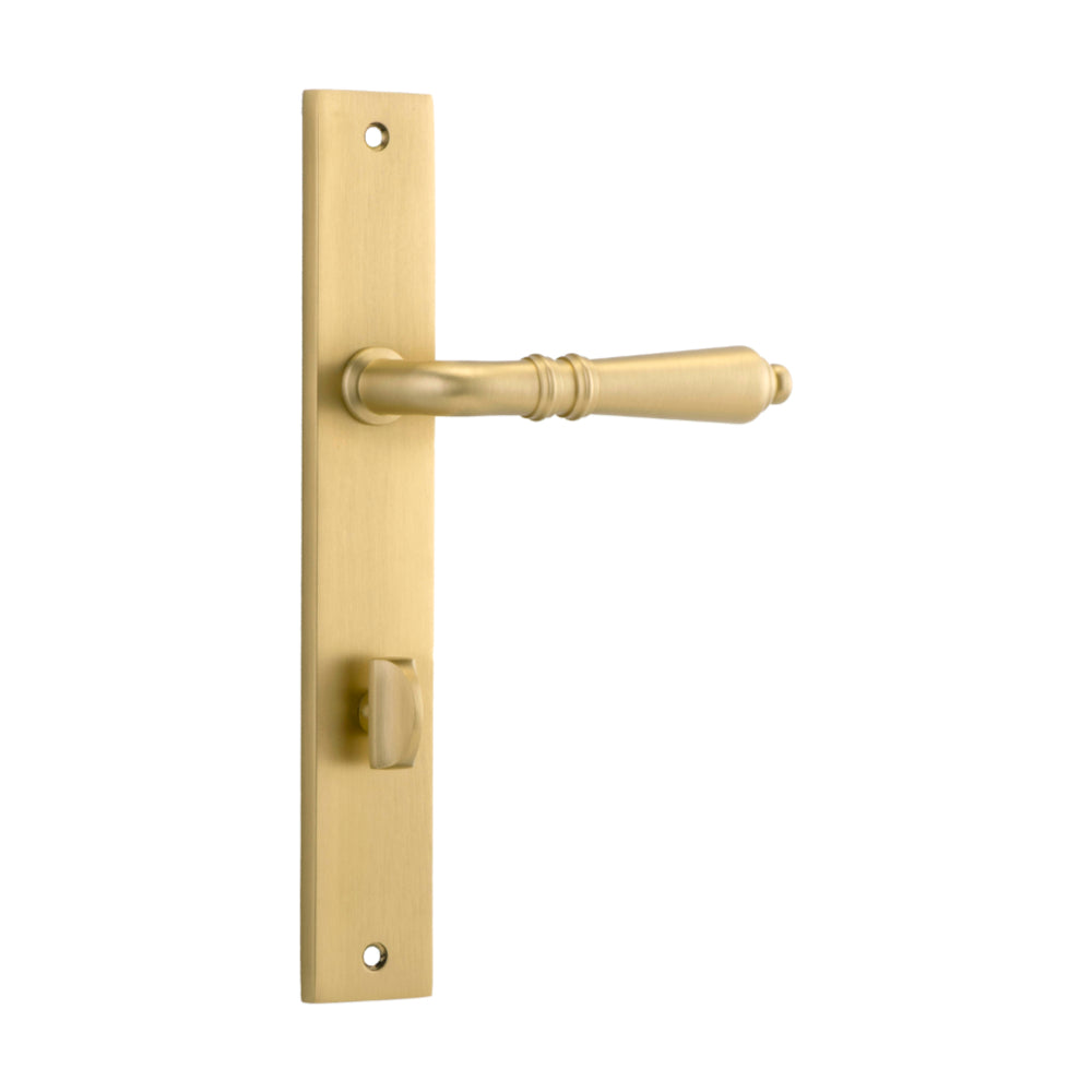 Pair of Iver Sarlat lever handles on rectangular backplates, featuring a sleek, modern design for door hardware.