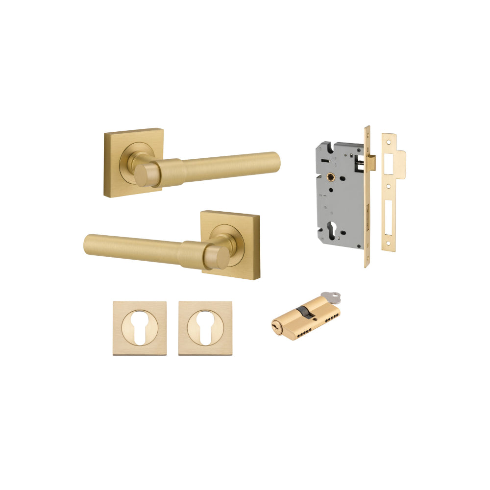 Door Lever Helsinki Square Rose Brushed Gold PVD H52xW52xP61mm Entrance Kit, Mortice Lock Euro Brushed Gold PVD CTC85mm Backset 60, Euro Cylinder Dual Function 5 Pin Satin Brass L65 KA1, Escutcheon Euro Con Fix Sq Pair Brushed Gold PVD H52xW52xP10mm in Brushed Gold PVD