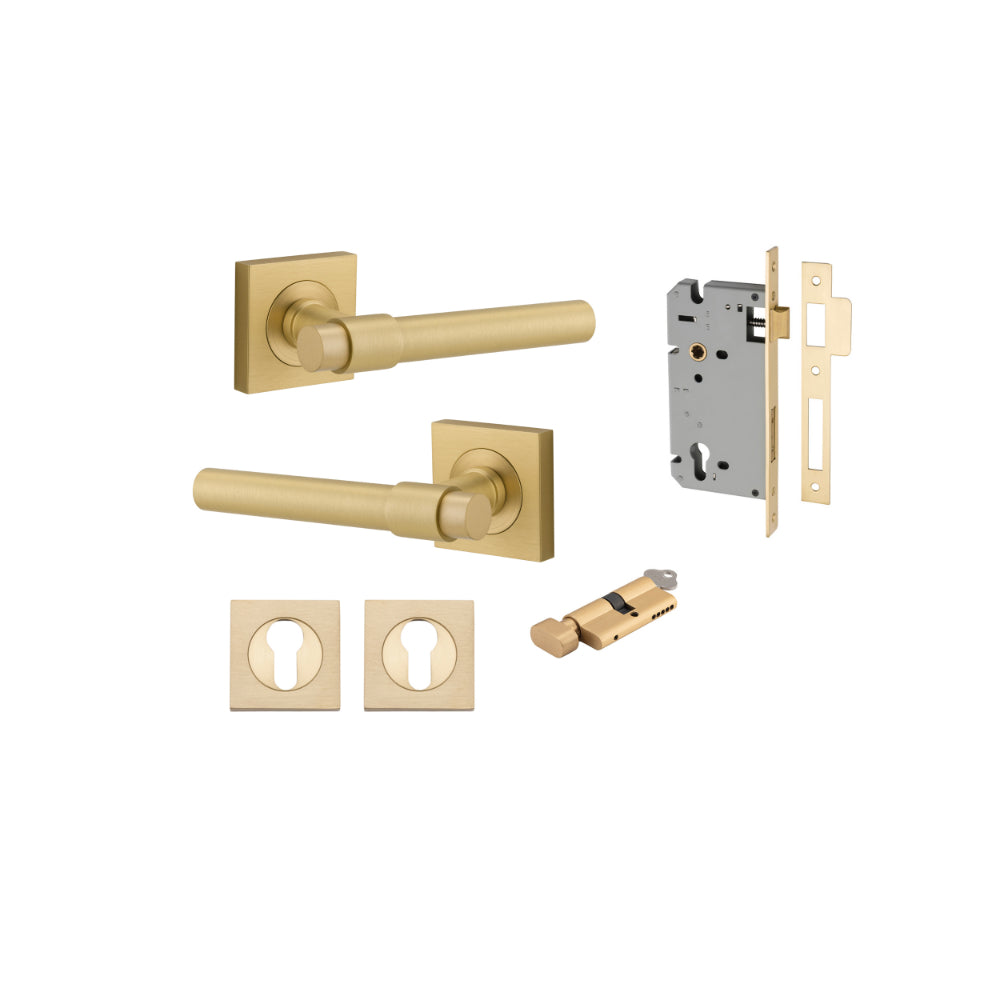 Door Lever Helsinki Square Rose Brushed Gold PVD H52xW52xP44mm Entrance Kit, Mortice Lock Euro Brushed Gold PVD CTC85mm Backset 60, Euro Cylinder Key Thumb 6 Pin Satin Brass L70 KA1, Escutcheon Euro Con Fix Sq Pair Brushed Gold PVD H52xW52xP10mm in Brushed Gold PVD