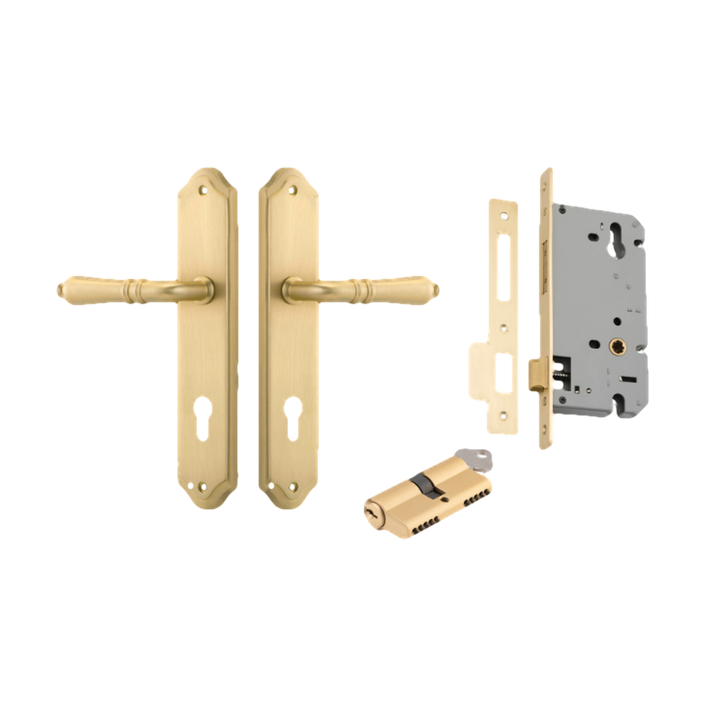 Door Lever Sarlat Shouldered Euro Brushed Gold PVD CTC85mm H250xW48xP57mm Entrance Kit Mortice Lock Euro Brushed Gold PVD CTC85mm Backset 60mm, Euro Cylinder Dual Function 5 Pin Satin Brass L65mm KA2 in Brushed Gold PVD